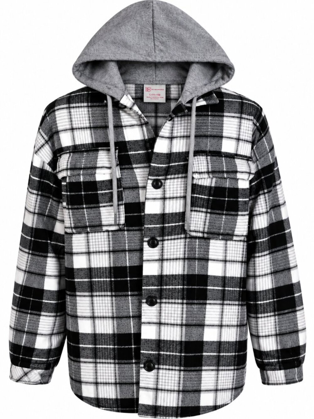No Boundaries Men's Large Black Gray Plaid Hooded Flannel Shacket